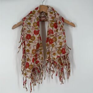 1937 Accessories Wool Floral Fringe Scarf Shawl in Red/Greenish Yellow/Beige